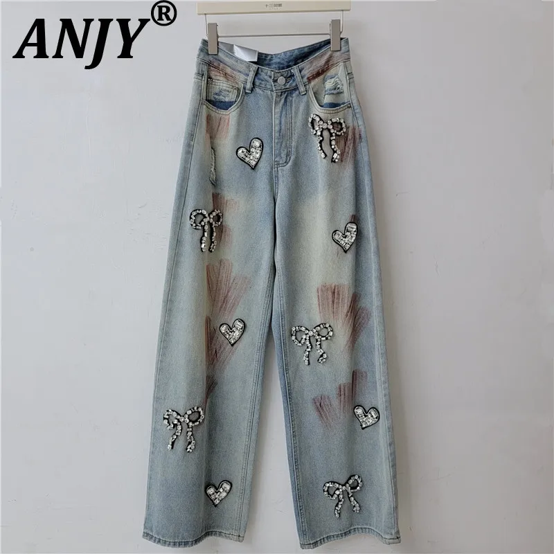 ANJY Spring Autumn New Women Trendy Heart-shaped Bow Hand-painted Graffiti Design Jeans Vintage Fashion Loose Denim Pants A28362