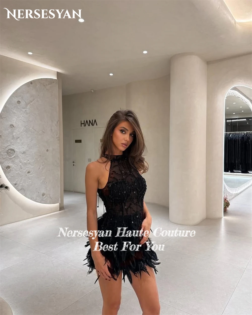 Nersesyan Sexy paillettes Mini robes de soirée de Cocktail dentelle sans manches plume robe formelle paillettes une ligne courte robes de bal personnalisé