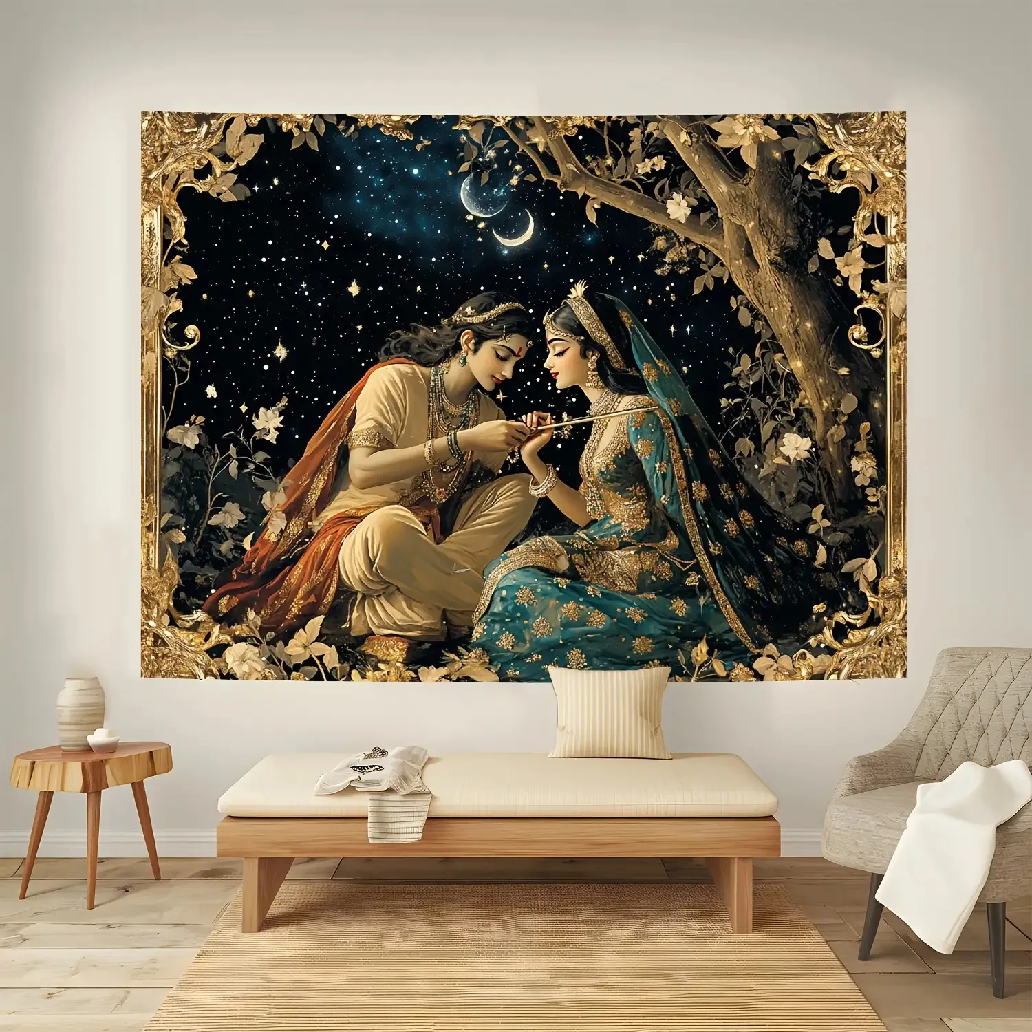 Beautiful Lord Krishna and Goddess Radha Backdrop - Elegant Hindu Deity Wall Hanging with Floral Patterns, Golden Accents & Moon