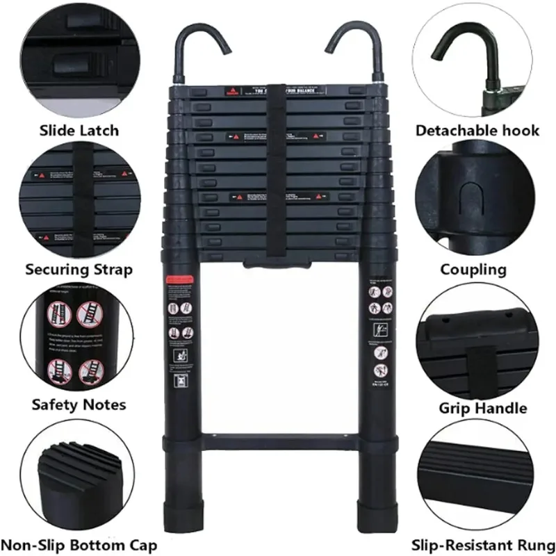 14 Steps Aluminum Extending Roof Ladder for Multi-Purpose Indoor Outdoor Ladder，6.2M Heavy Duty Telescopic Ladders with Hooks