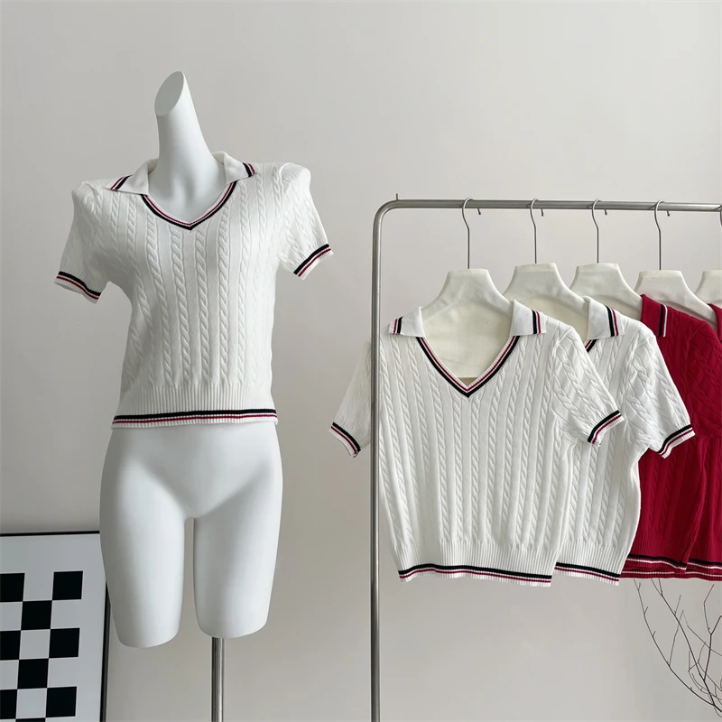 

Sweet Hot Girl Pure Sexy Linen Short-sleeved T-shirt Women's Summer V-neck Slim Knitted Top Fashion Female Clothes