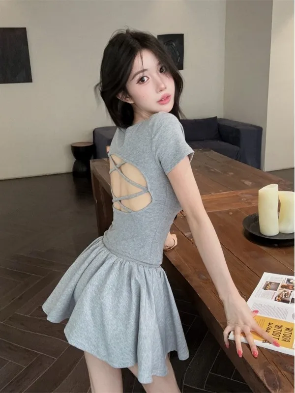 

Pure Desirable Sexy Short Sleeve T-Shirt High Waist Slimming Puffy Skirt Two-Piece Set Knot Korean Style Summer Fas...