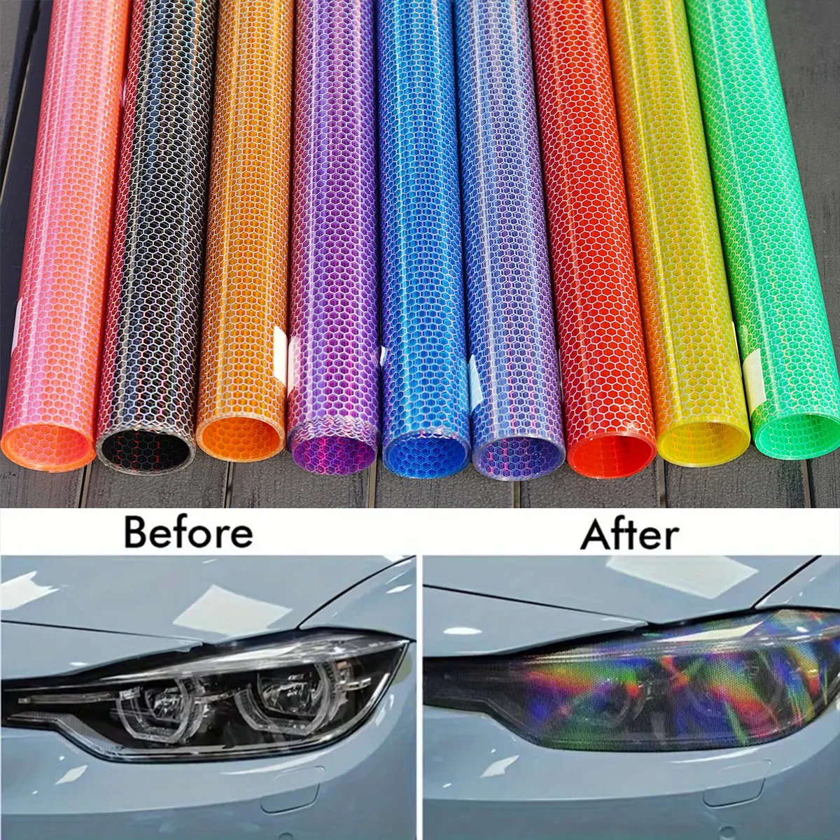 Car Motorcycle Vinyl Wrap Foil Laser Honeycomb Pattern Headlight & Taillight Tint Film Color Changing Stickers for Vehicle Styli
