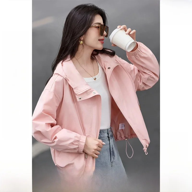 

Adjustable Drawstring Hooded Long Sleeve Loose Slimming Shoulder Drop Outerwear Color Block Design Casual Women's Jacket