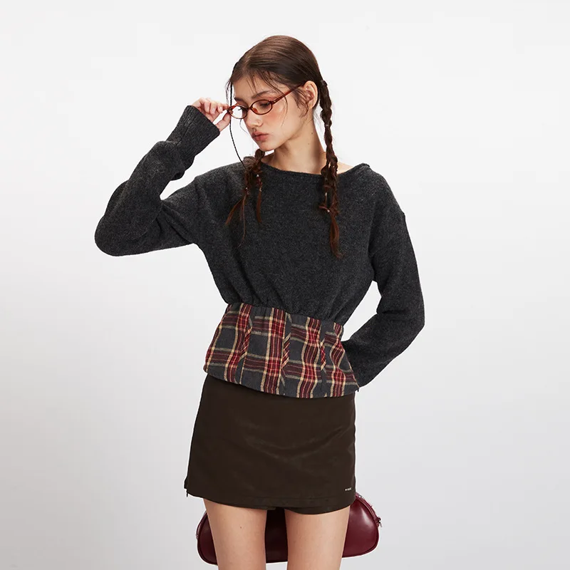 

New American Style College Style Short Spliced Long Sleeve Knitted Sweater For Women Spring And Autumn Pullover Slim Fit Top