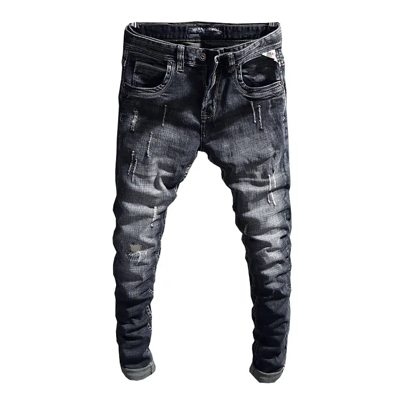 Fashion Designer Men Jeans Retro Black Blue Stretch Slim Fit Ripped Jeans Men Hole Trousers Vintage Casual Denim Pants Hombre