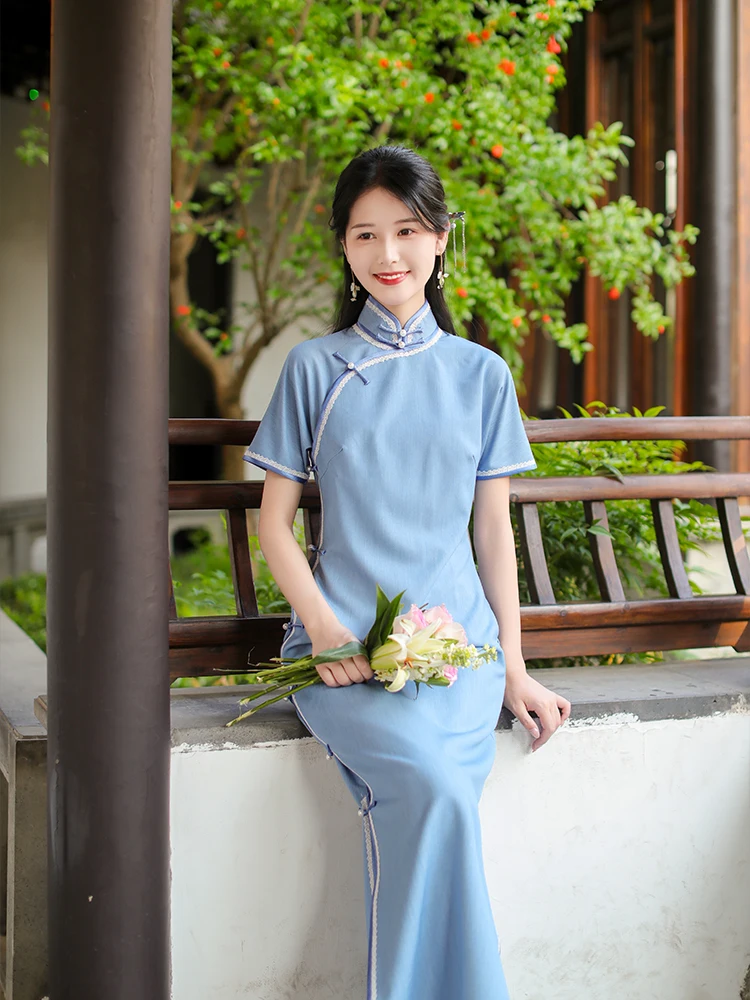 

Женское летнее платье Ele Blue Dr, новое, спортивное, приталенное, в китайском традиционном стиле, ретро, элегантное