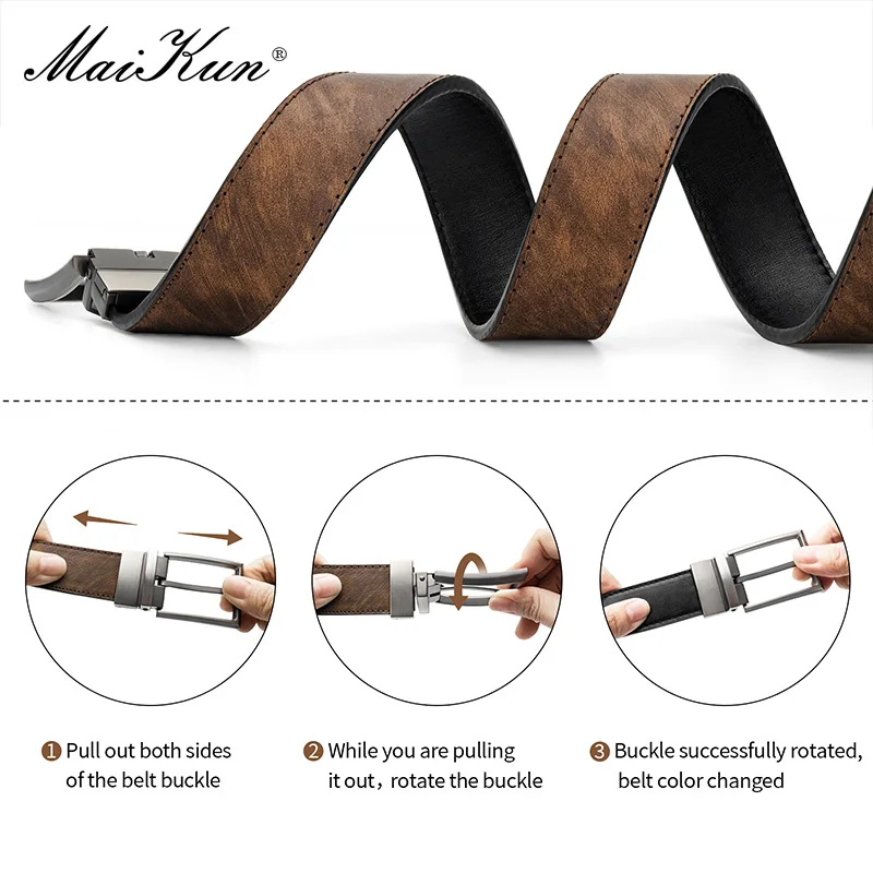 Maikun Designer Pin Buckle Leather Belts For Men Luxury Reversible Coffee Belts Fashion Business Men's Leather Belt