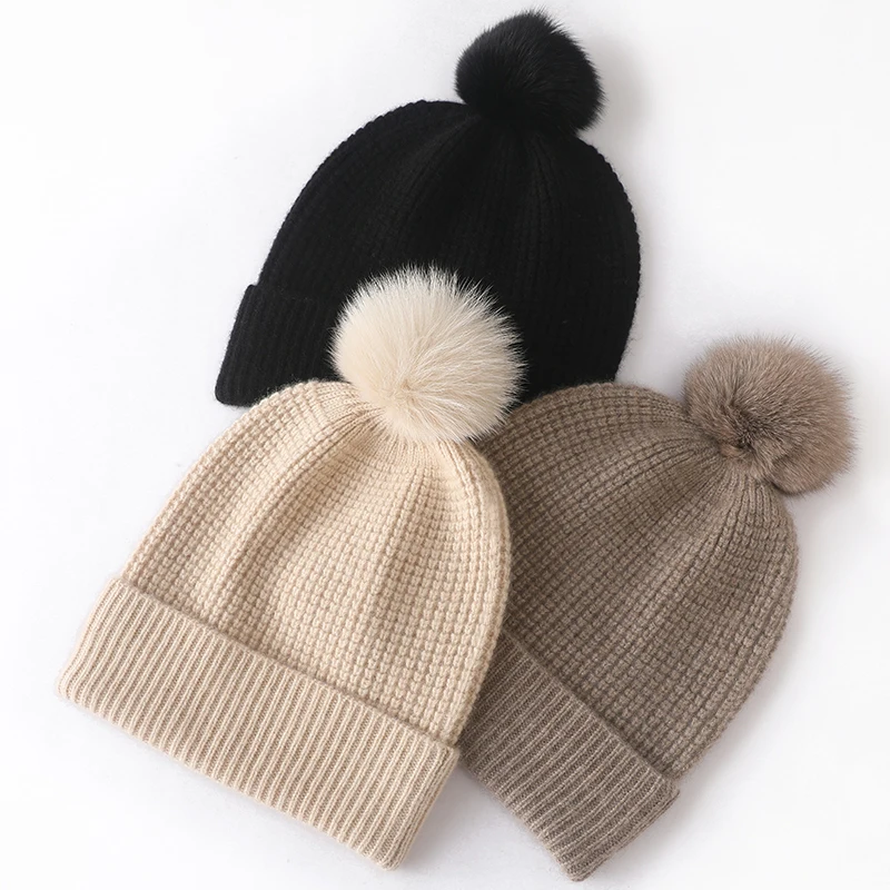 100% Cashmere Hat Women Winter Luxury Knitted Warm Soft Pullover Cap Y2K Fashion Real Fur Ball Skullies Beanies Girl Steetwear