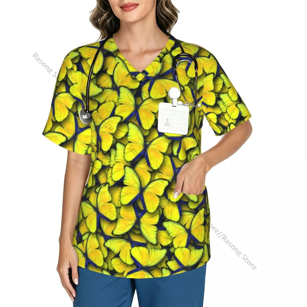Women's Medical Scrub Top V Neck Short Sleeve Yellow Butterfly Stretch Nursing Uniform for Hospital Clinic