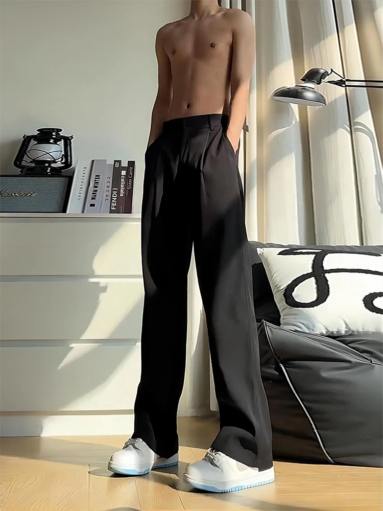 Black High Waist Wide Leg Suit Pants Drape Design Knife  Straight Leg Casual Spring Autumn Men's Fashion Trousers