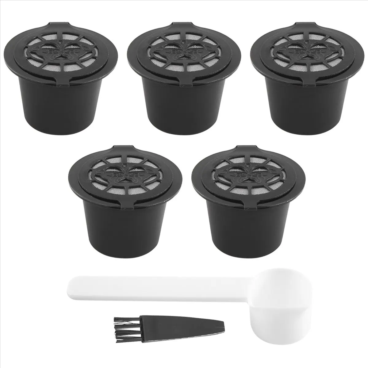 X17A NEW 5 Reusable Capsules Refillable Coffee Capsule Filter with Coffee Machines with Coffee Spoon Brush