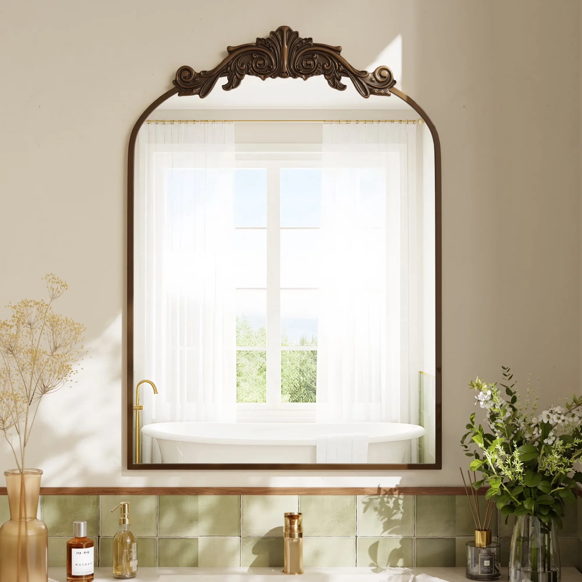 BEAUTYPEAK Classic Wall Decor Mirror Arched Metal Vintage Bathroom Mirror
