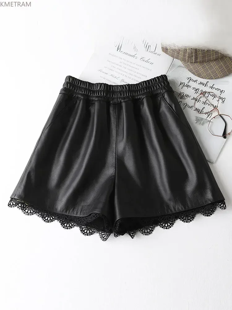 Pantalones cortos de piel de oveja auténtica para mujer, Shorts negros de cintura alta, ropa de calle de encaje