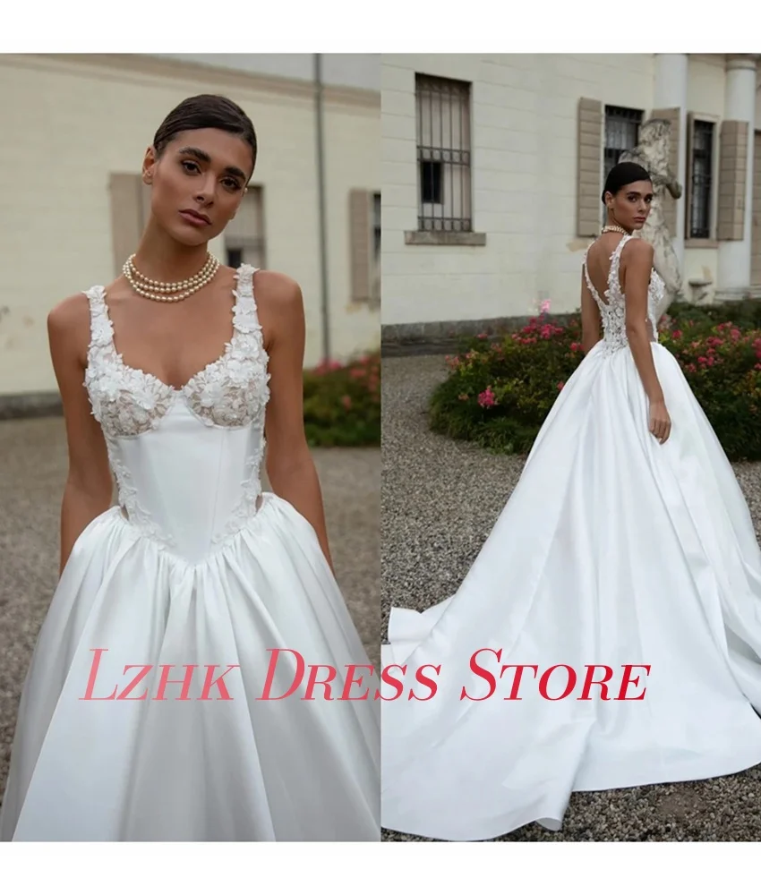 カスタマイズされた優雅なサテン A ライン スパゲッティ ストラップ アップリケ イブニング ドレス セクシー ノースリーブ 恋人 フロアレングス プロム ドレス