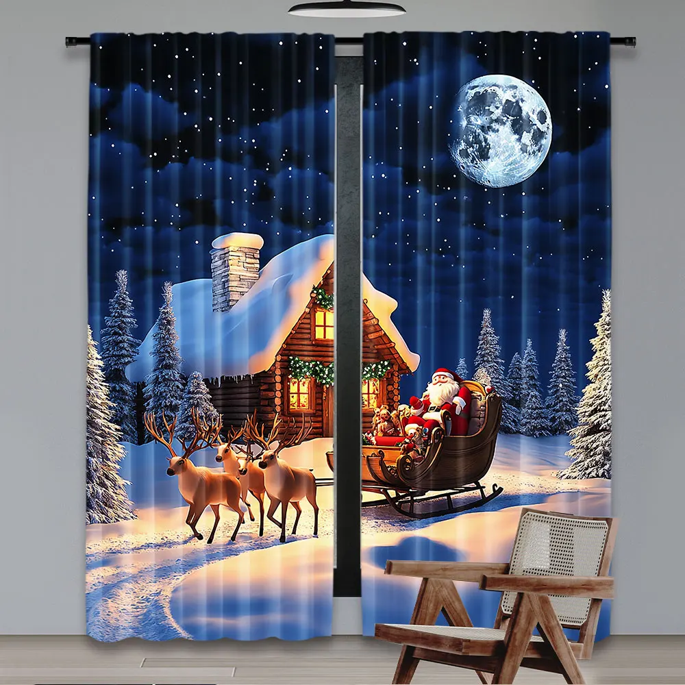 2Pcs Christmas Curtains Santa Claus Riding Sleigh Reindeer Wooden House White Winter Suitable For Bedroom Living Room Dining