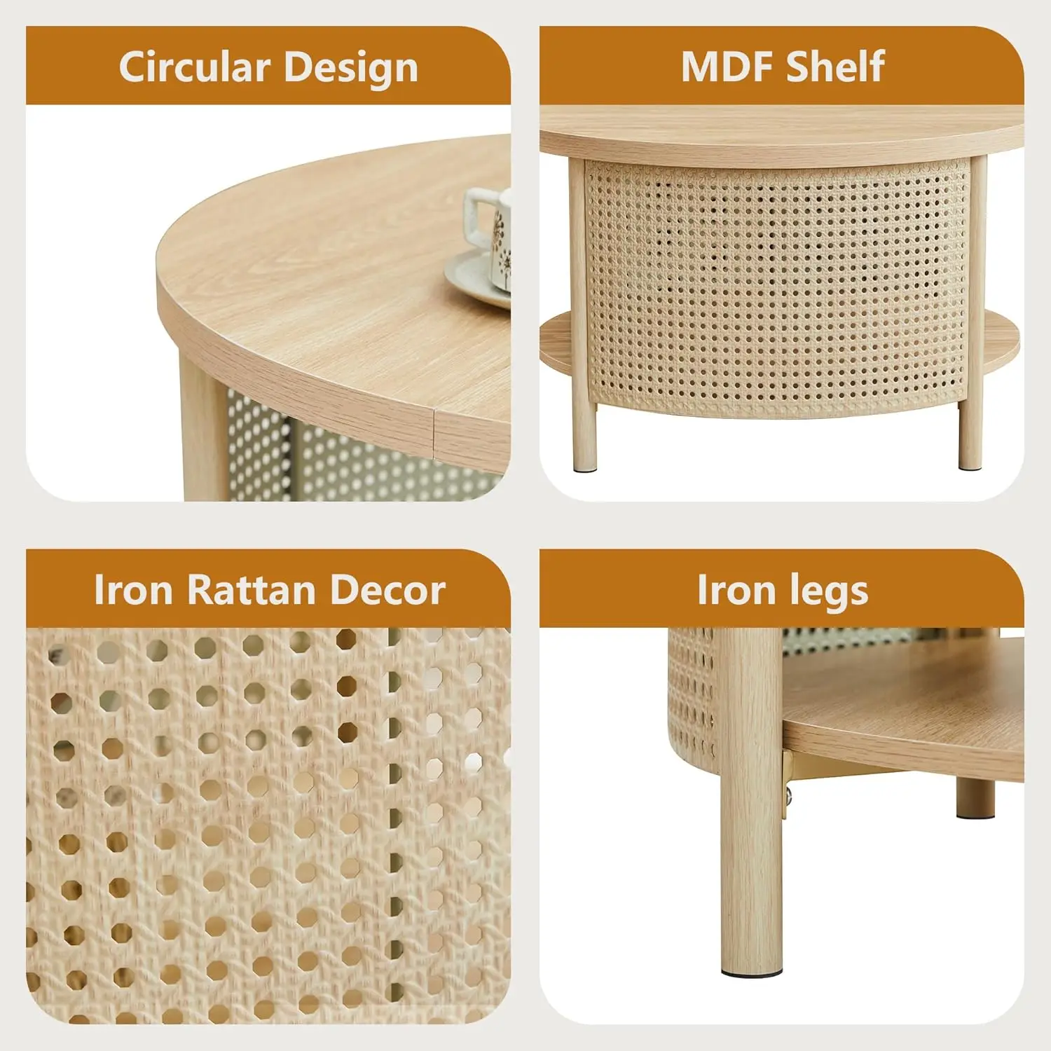 طاولة قهوة مقاس 31.5 بوصة مع ديكور من الروطان المعدني، طاولة قهوة مستديرة مع رف تخزين لغرفة المعيشة، منزل بوهيمي للمزرعة #3