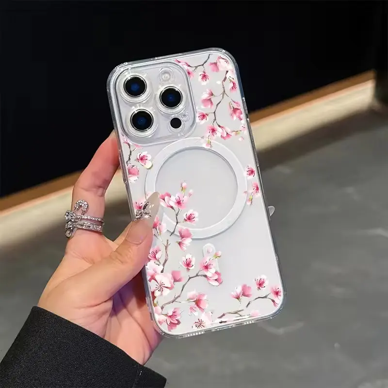 Coque de téléphone transparente et magnétique pour iPhone 18 17 16 15 14 13 12 Pro Max Plus, motif simple et tendance de fleurs et de plantes