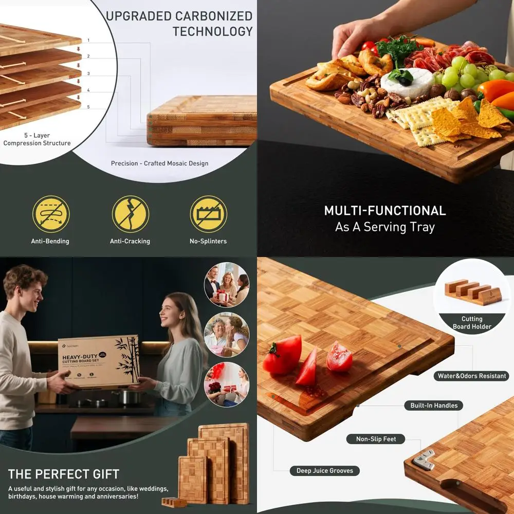 

Premium Bamboo Cutting Board Set: Non-Toxic, Non-Slip, End Grain with Juice Groove for Kitchen
