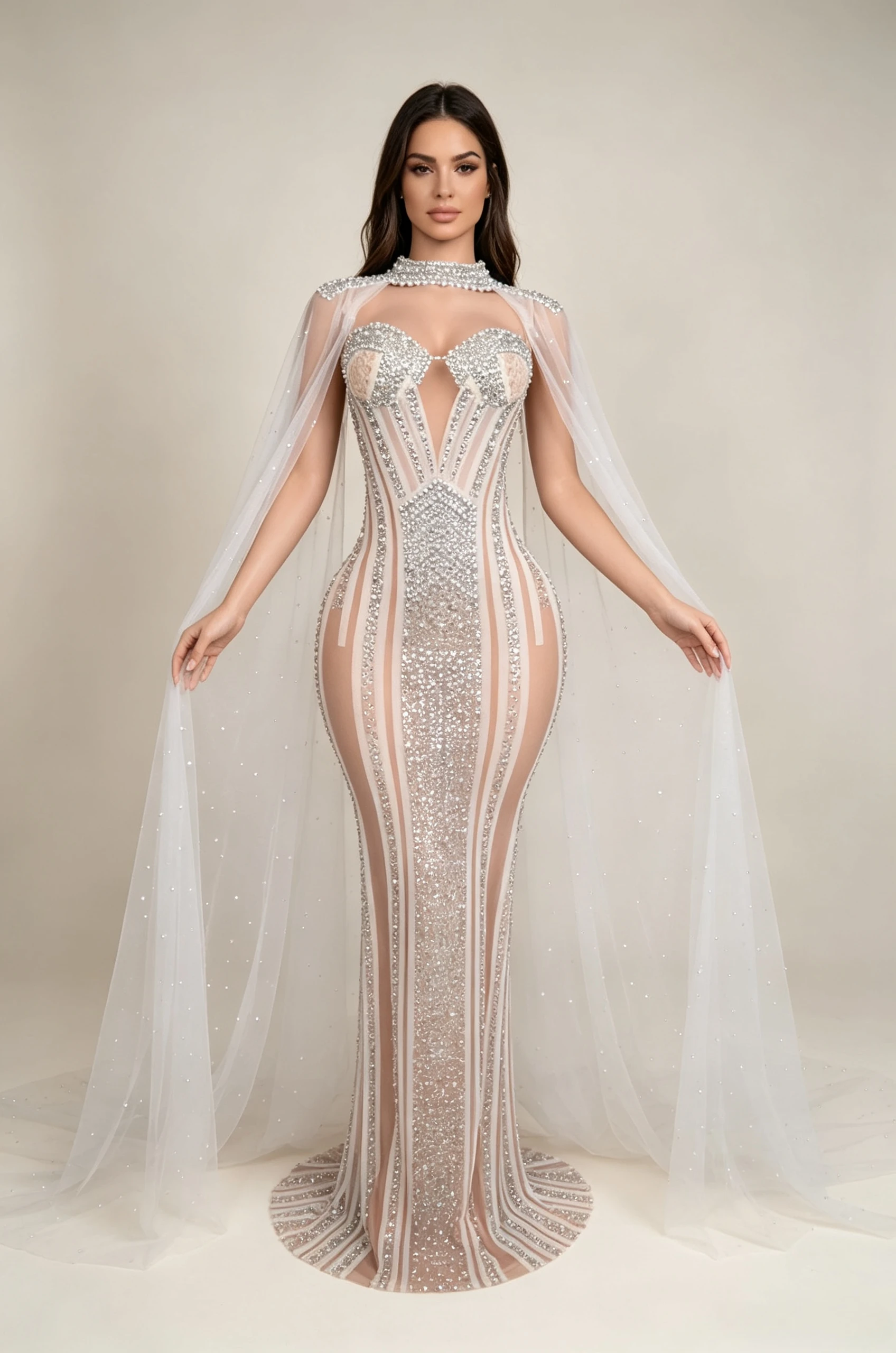 Luxury Women's Diamond Mesh Cloak Long Dress Nightclub Bar Singer Stage Wear Prom Host Birthday Queen Evening Dress