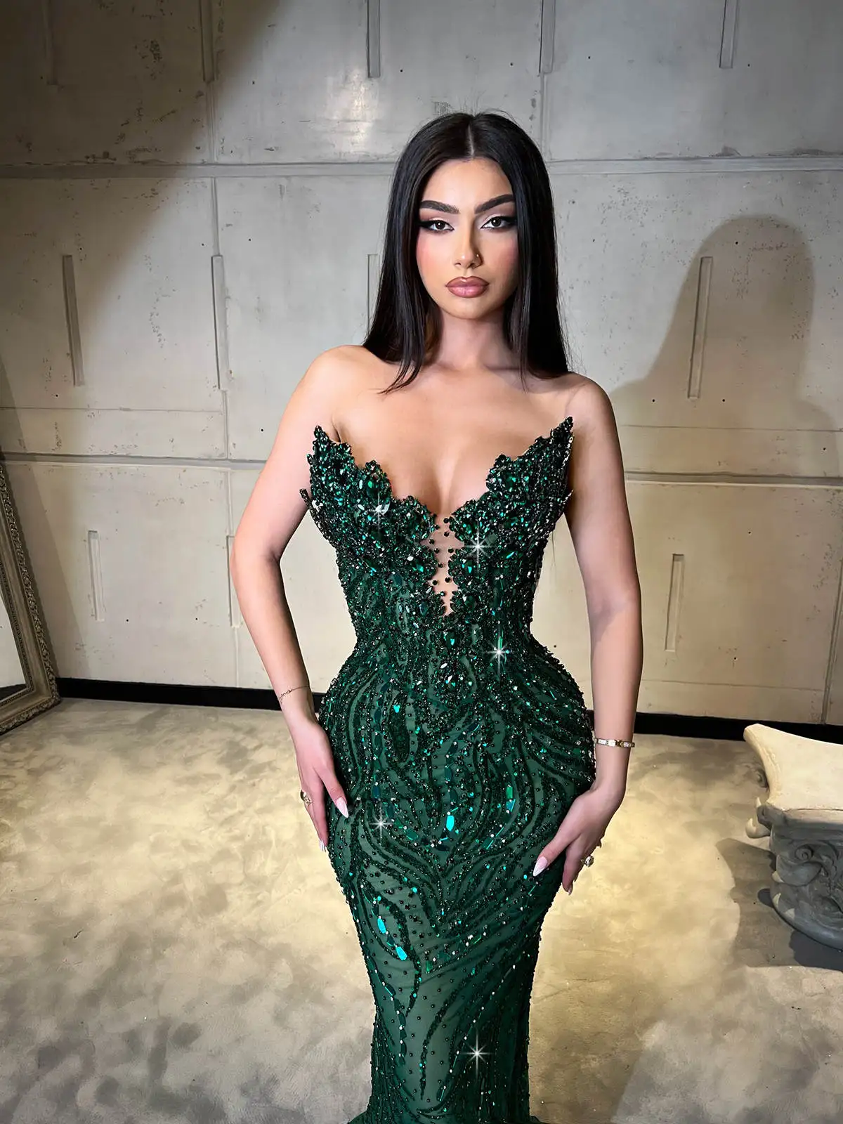 Luxury Evening Dresses Mermaid Strapless Sequins Beads Tulle Sleeveless Floor Length  Prom Dress Vestido De Noite Customized