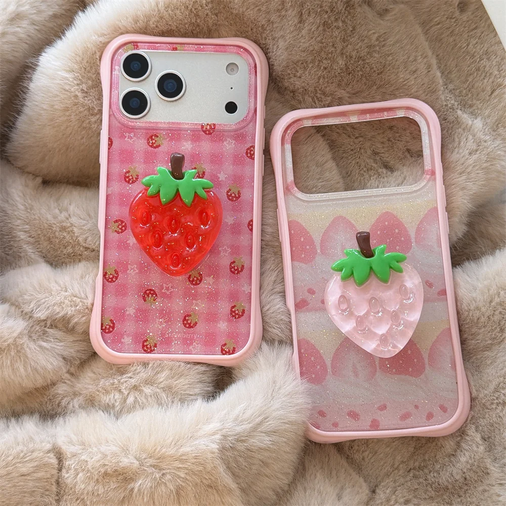 

Ins Korean Cute Strawberry Glitter Phone Case for iPhone 15 Pro 14 16 Max 16 17 Pro Max Cover with Stand Kawaii Shockproof Funda