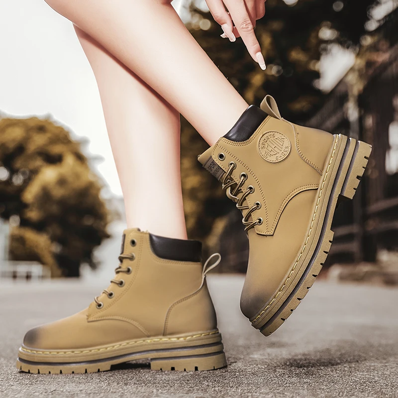 

Ботинки Мужские высокие ботинки Женская кожаная обувь Зимняя мода Уличные кроссовки Нескользящие ботильоны на шнуровке Мужские женские ботинки