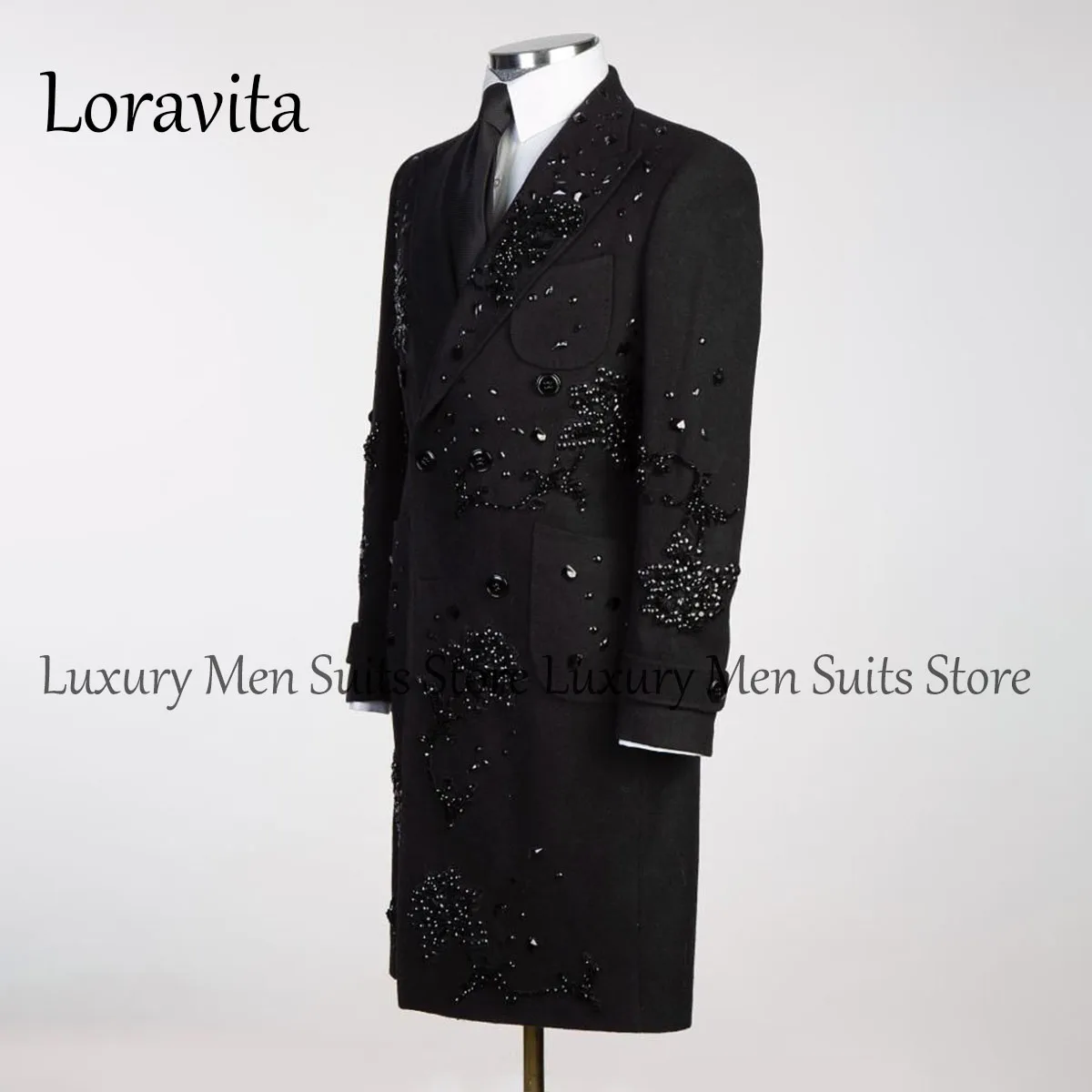 Formal Black Coat Men Suits Beads Peak Lapel Groom Wedding Tuxedos Peaked Lapel Male Prom Blazer Double Breasted Costume Homme