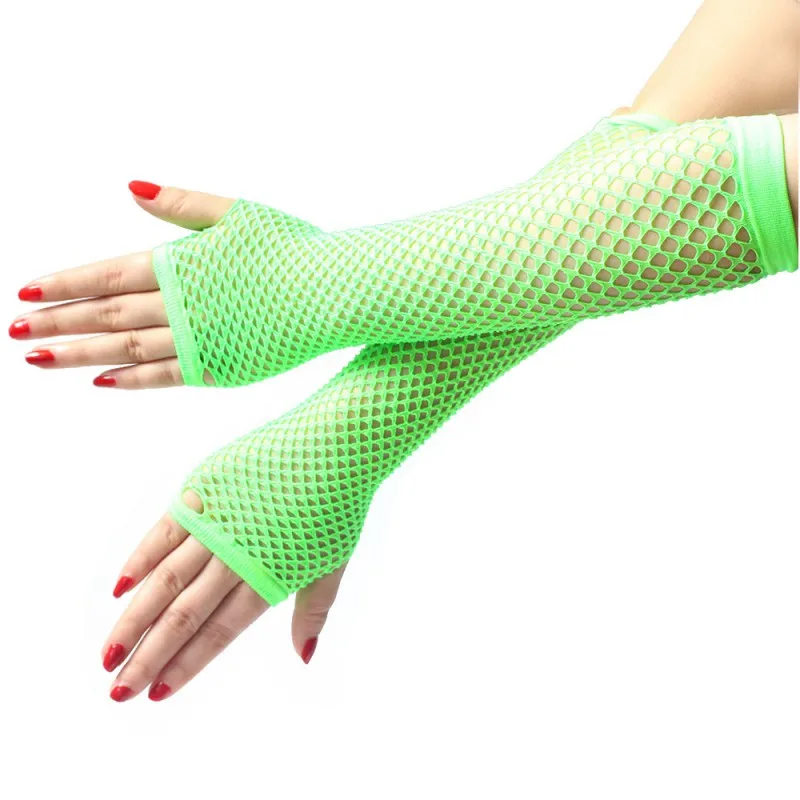 Pink Purple Green Nylon Colored Fingerless Fishnet Gloves for 80s Party Supplies and Costume Accessories (Long)