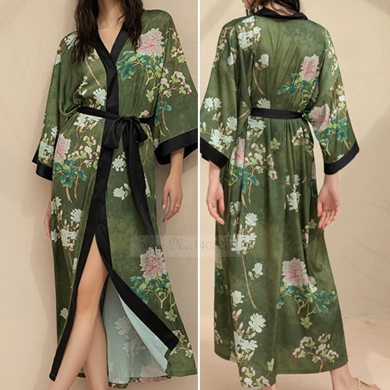 Print Flower Female Long Robe Nightgown Japanese Half Sleeves Kimono Bathrobe Gown Sleepwear Loose Casual Home Dressing Gown