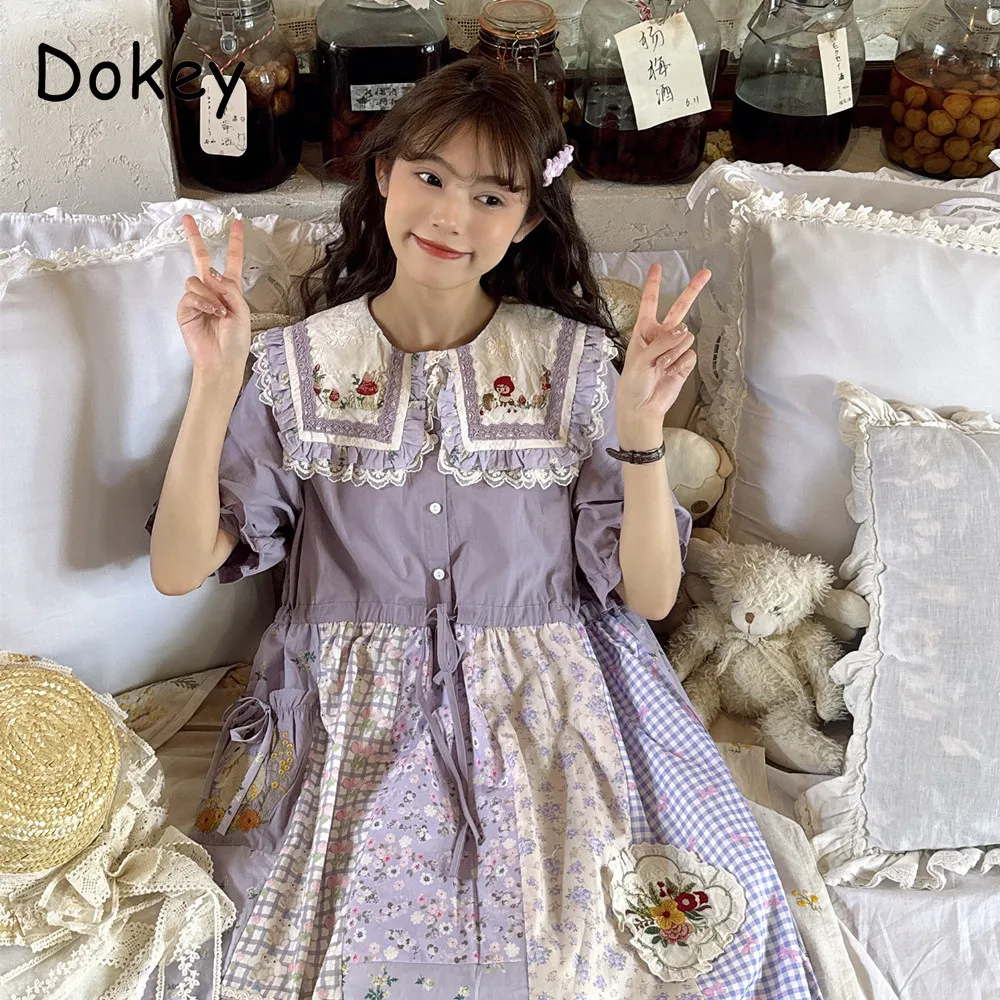 Vintage Flower Lace Patchwork Lolita Dress Women Summer Japan Mori Girl Embroidery Doll Collar Loose Kawaii Midi Cotton Vestidos