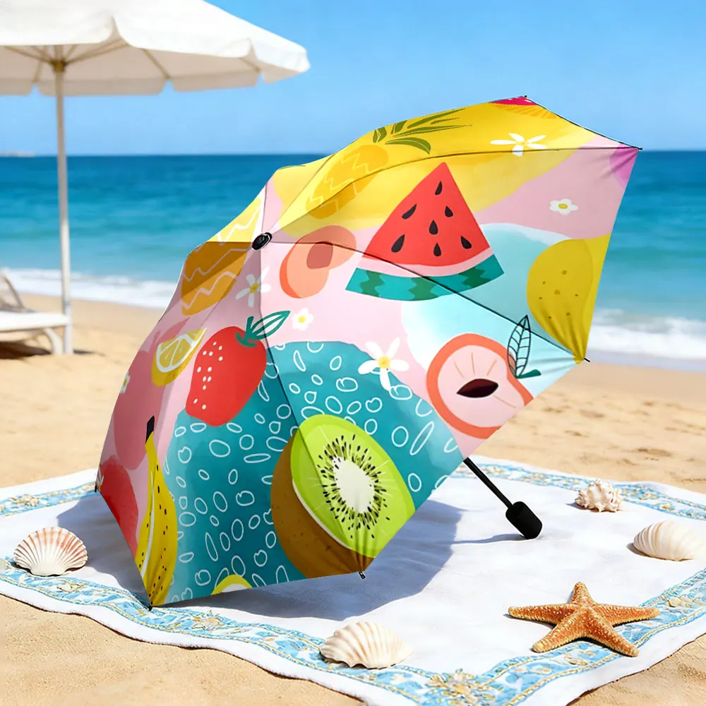1PC Colorful Fruit Pattern Picnic Umbrella by the Lake Print 8 Iron Ribs Folding Umbrella Auto-Open Fashion Sunshade