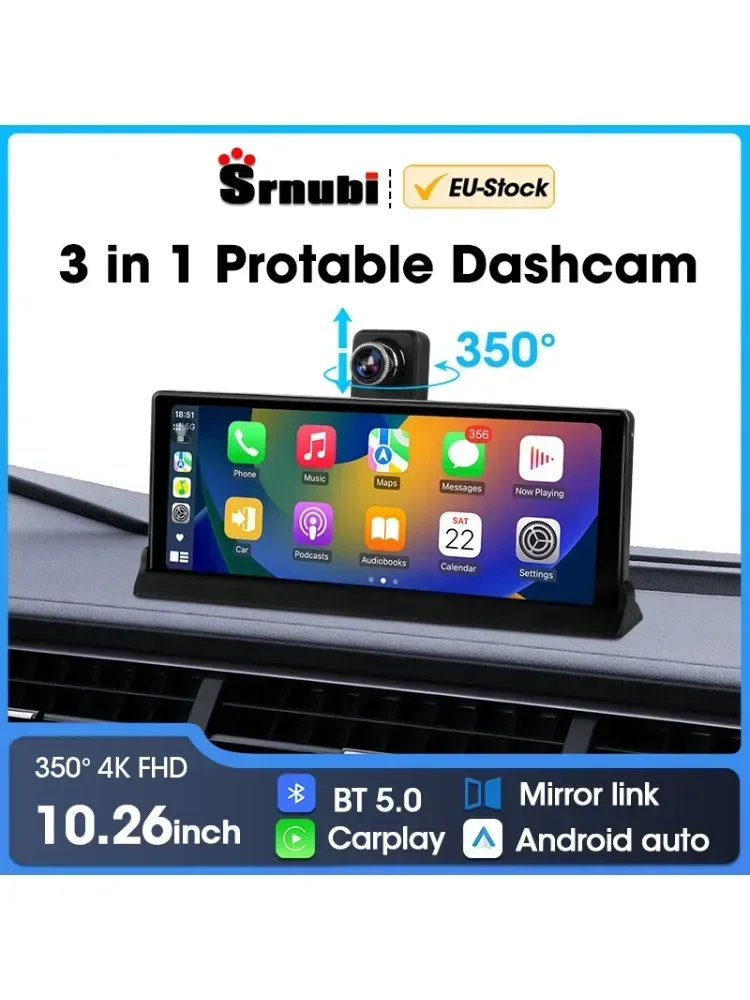 Srnubi 10,26 Zoll 4K Auto DVR Carplay Android Auto 360 °   Rotation Dual Lens Dashcam LKW Kamera Fahrrekorder WIFI FM BT