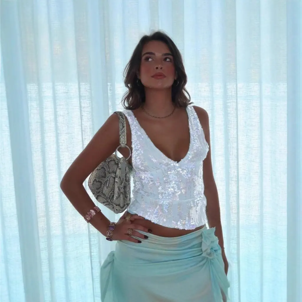 

Женский летний модный пуловер с глубоким v-образным вырезом, облегающий жилет с кружевной талией и блестками, повседневный топ в европейском и американском стиле