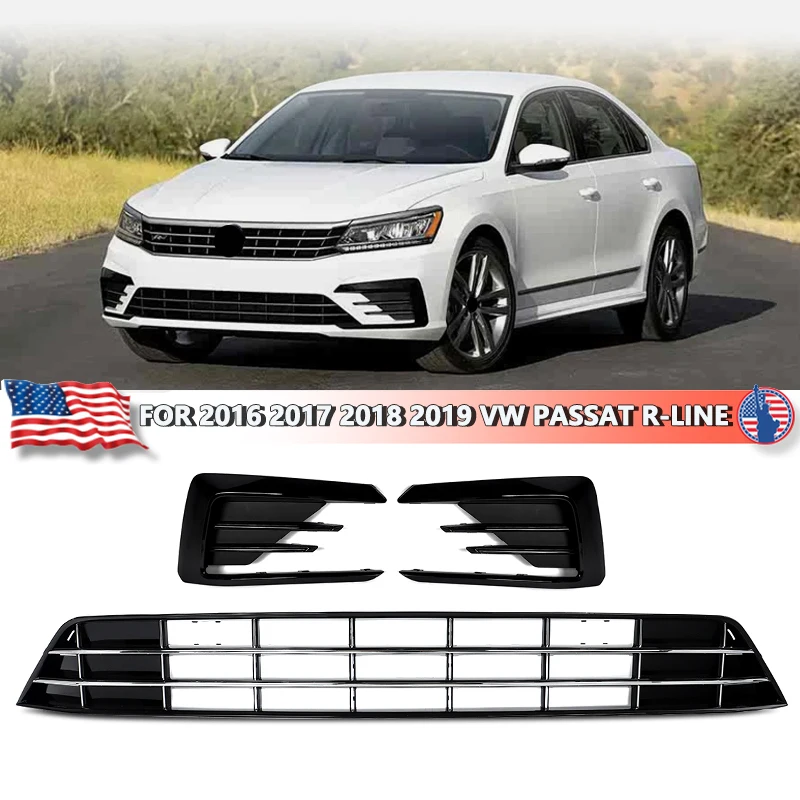 

Комплект из 3-х решеток радиатора для VW Passat R-Line 2016-2019 гг., нижняя решетка переднего бампера + рамка противотуманной фары без отверстий для датчиков