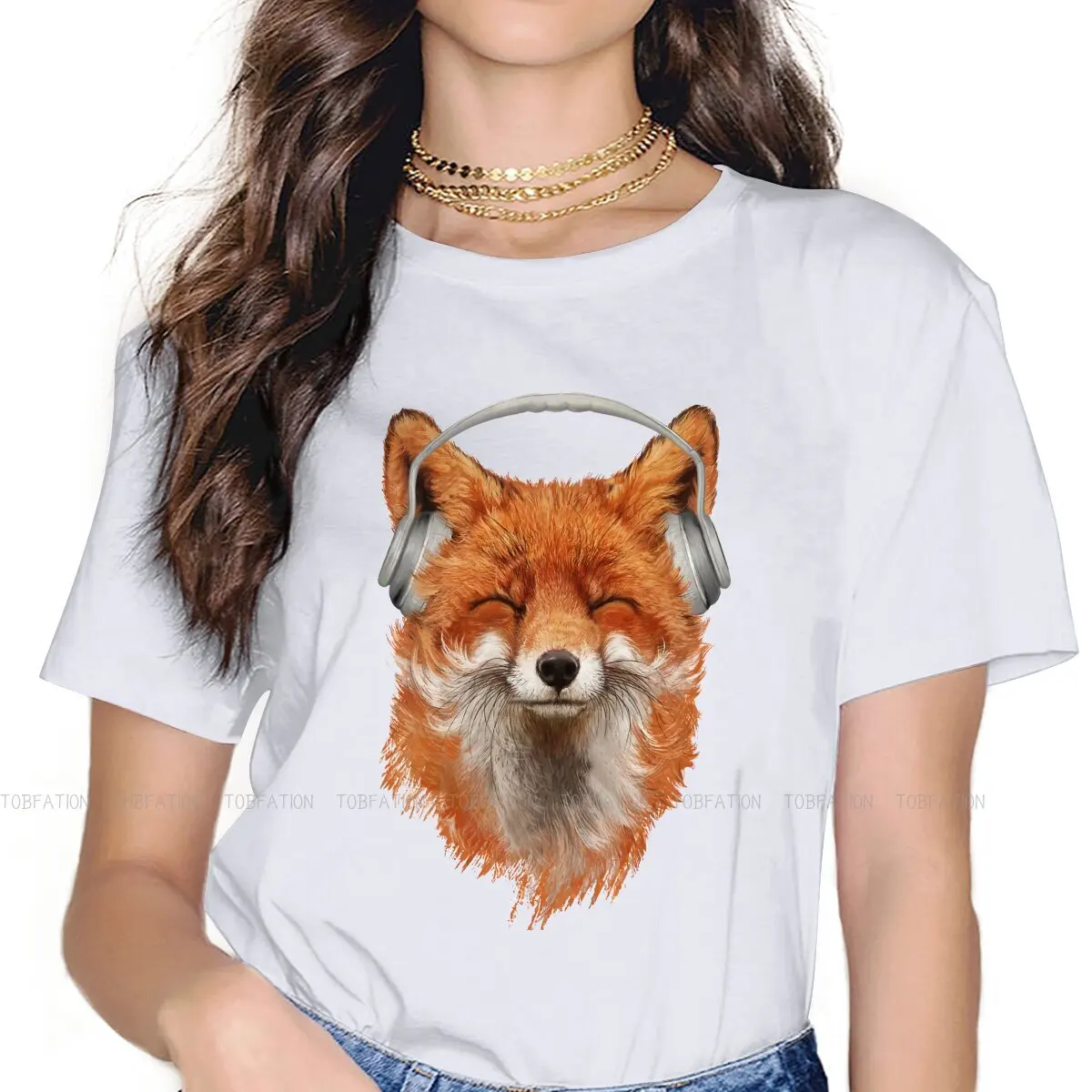 Smiling Musical Fox Women\'s TShirt Meme Design Girls Graphic Tees 5XL Cotton Female T Shirt Funny Fashion Gift