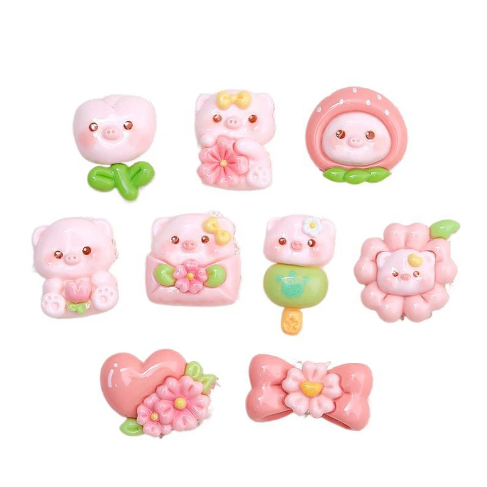 10PCS Shiny Flower Pig Series Resin Flatback Cabochons For Hairpin Scrapbooking DIY Jewelry Craft Decoration Accessories