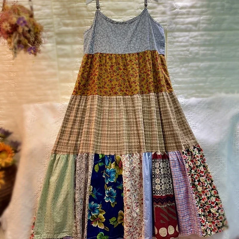 

Summer Holiday Beach Spaghetti Strap Boho Ibiza Bali Swing Long Midi Dress Patchwork Spliced Vintage Retro Gypsy Hippie Robe