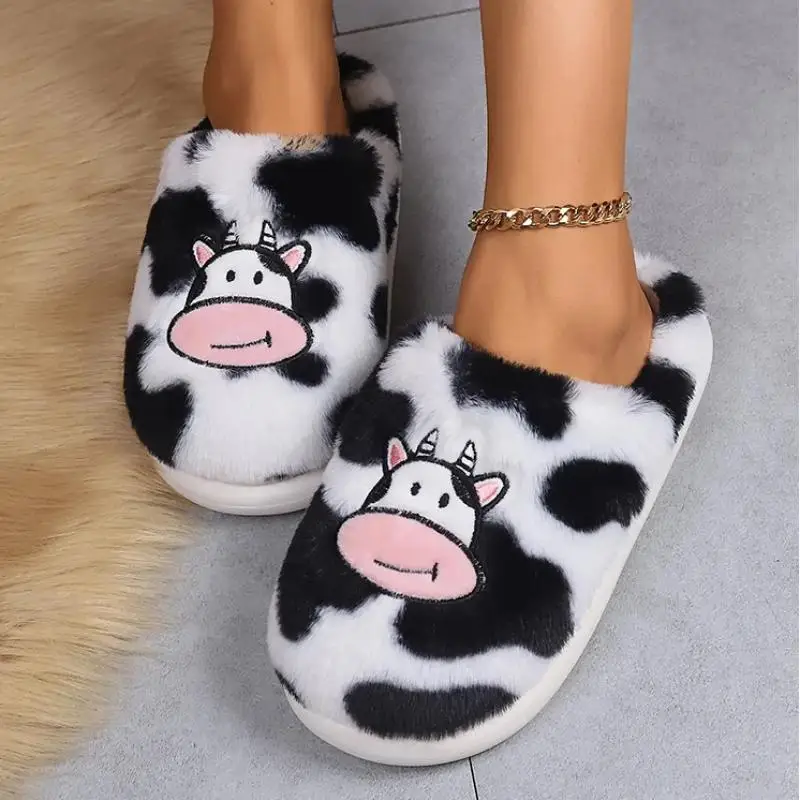 

Casual Fluffy Slippers Women Home Cow Cartoon Designer Autumn Winter Shoes Ladies 2025 Platform Fur Slides Fashion Footwear Cute