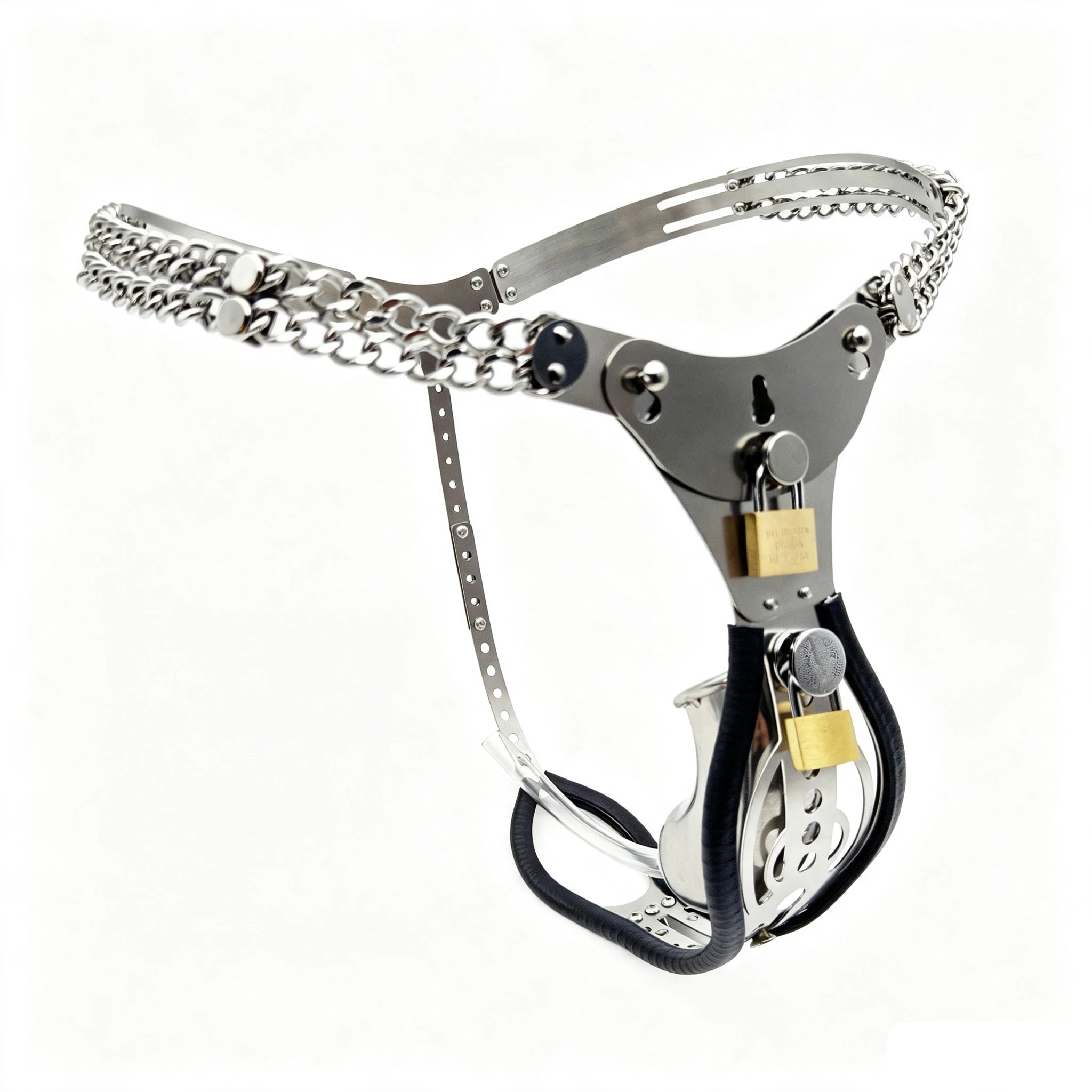 Double Metal Chain Waist Strap Male Chastity Belt Stainless Steel Penis Cage Brass Locks Ergonomic Guarded Adult Restraint Devic