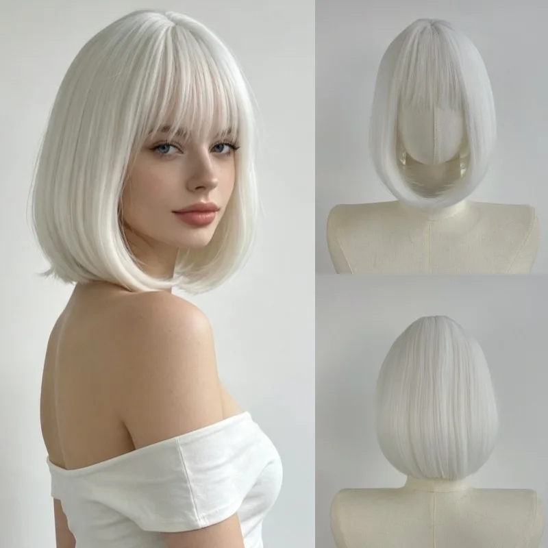 Best-Selling White Short Bob Synthetic Wig for Halloween Party Cosplay Role-Playing Daily Wear Wig, Hot Wire Wig Set