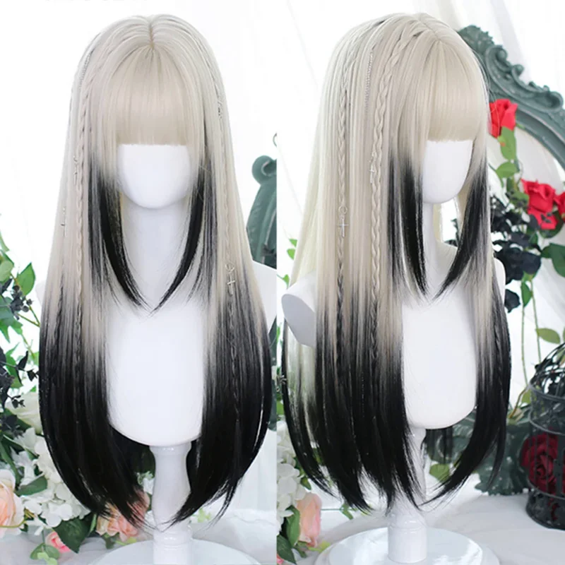 

HOUYAN synthetic long straight hair women's wig silver gradient gray cosplay lolita bangs party