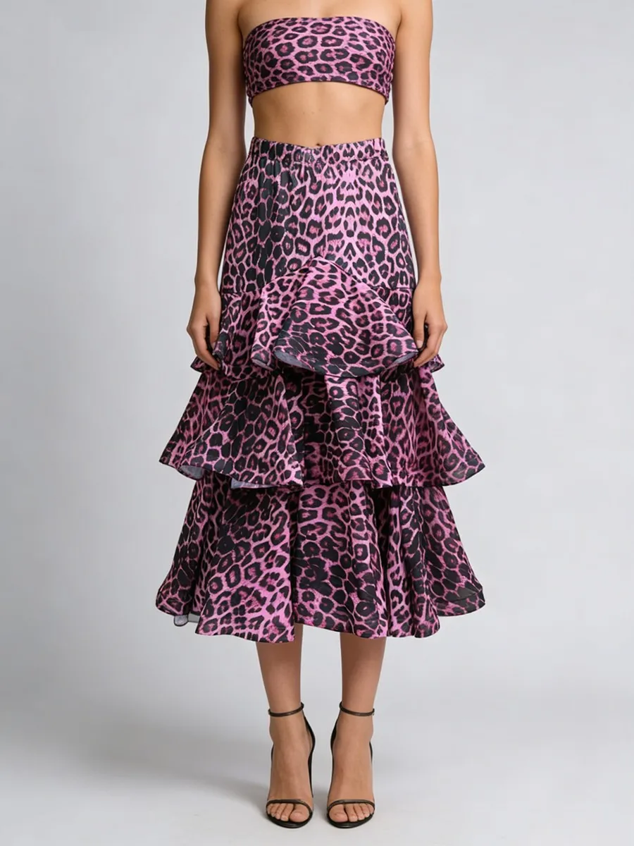 TWOTWINSTYLE ヒョウ柄スリムスプライスフリルファッションスカート女性のためのハイウエストデザインセンスロングスカート女性の秋の服