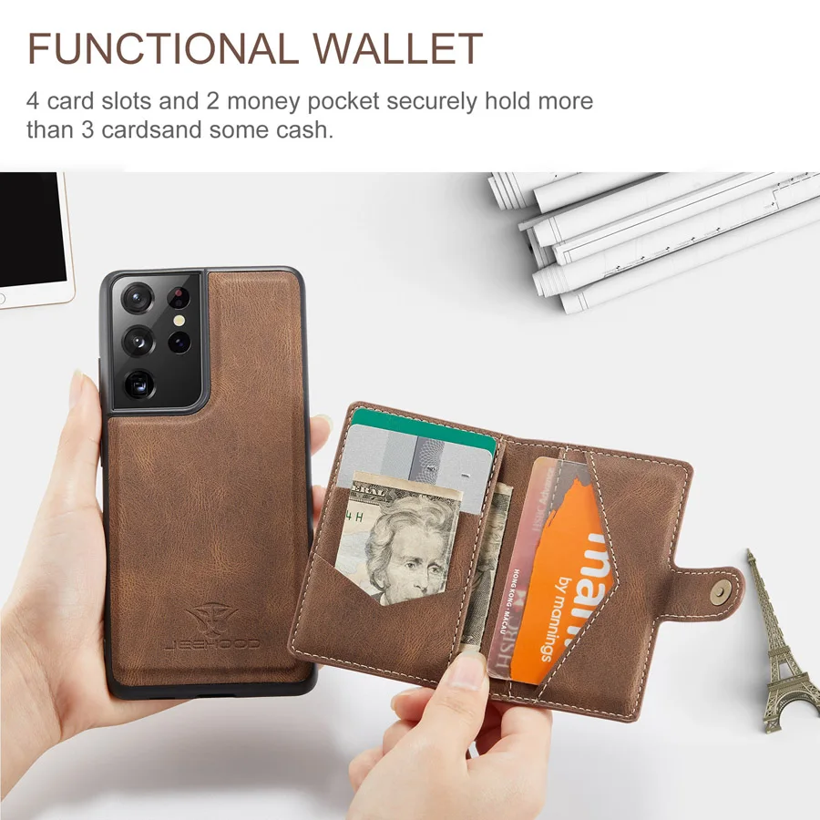 Genuine Leather and PU Case for Samsung Galaxy S20 Plus, S21 FE, S22, S23, S24 Ultra S25, Built-in Magnet, Removable Back Cover