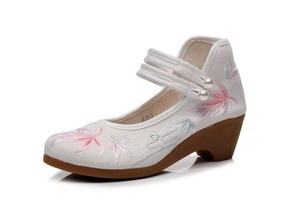 Women Ankle Button Strap Pumps Ethnic Embroidery Mary Jane Dress Shoes Mid Heel Cotton Fabric Espadrilles Vintage Sandals