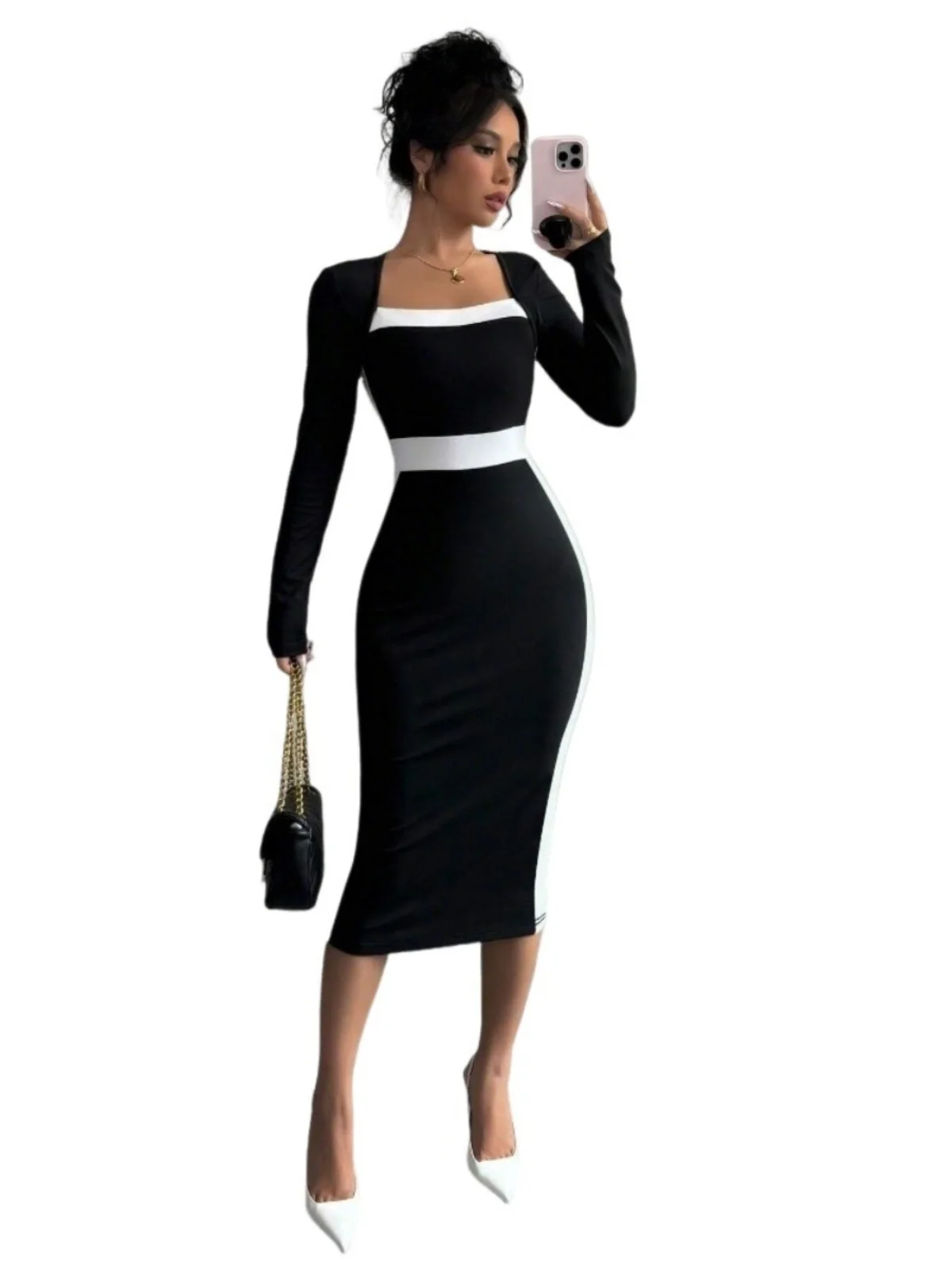 Sexy Color Blo Long Sve Bodycon Dr High Waist A-Line Midi Dr Contrast Color Splicing Ele Faion Women's Dr