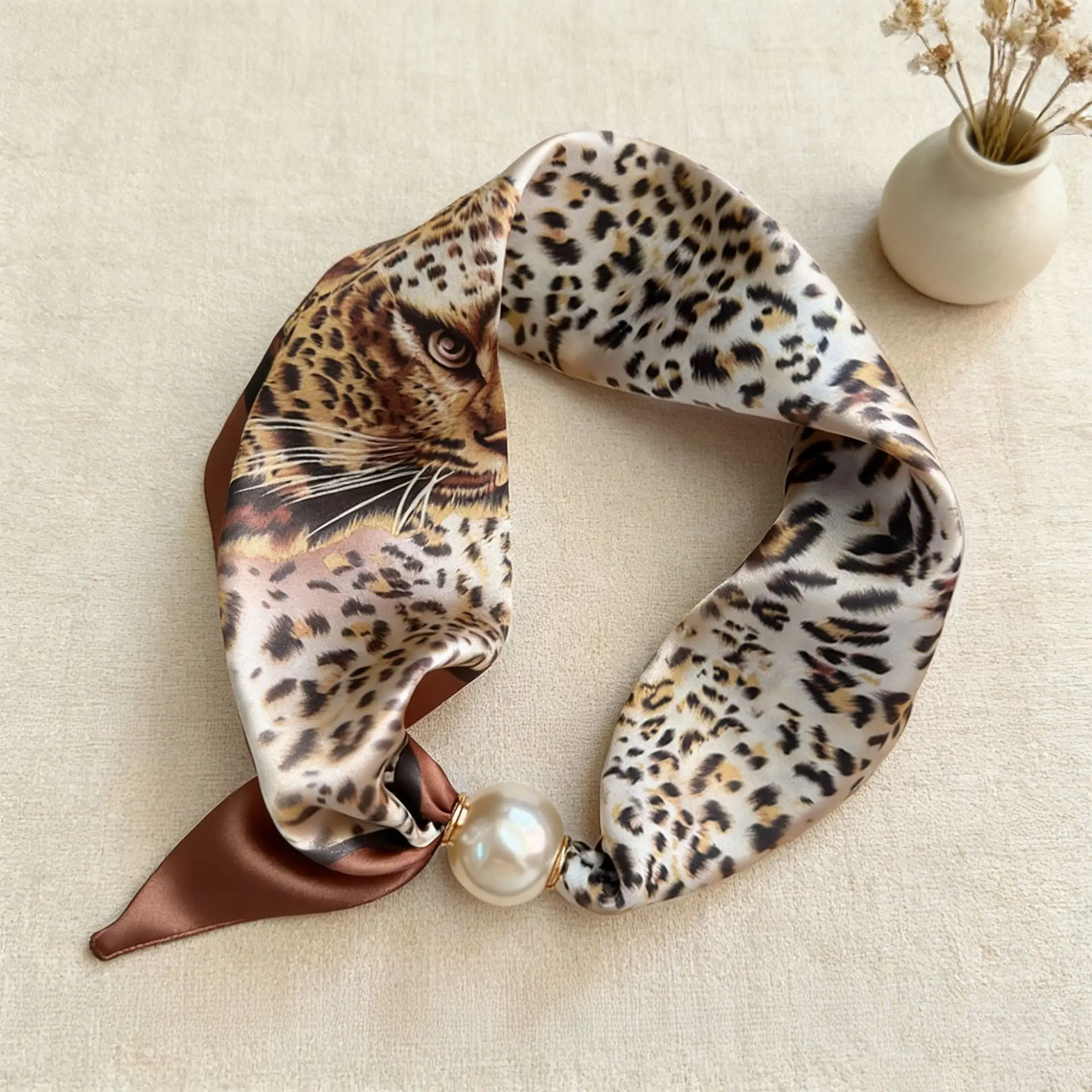 Magnetischer Seidenschal mit Perlenkette, dünner, lässiger Halsschal mit Kettenverschluss, Bandana, Taschentuch, Foulard für Damen, Accessoires