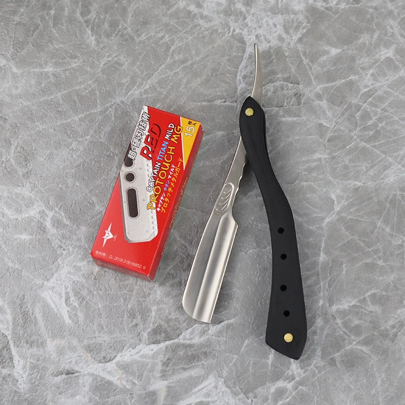 ماكينة حلاقة قابلة للطي من الفولاذ المقاوم للصدأ بمقبض خشبي أسود مع شفرات ماكينة حلاقة قابلة للاستبدال، خاصة للشعر المستعار الحقيقي #5