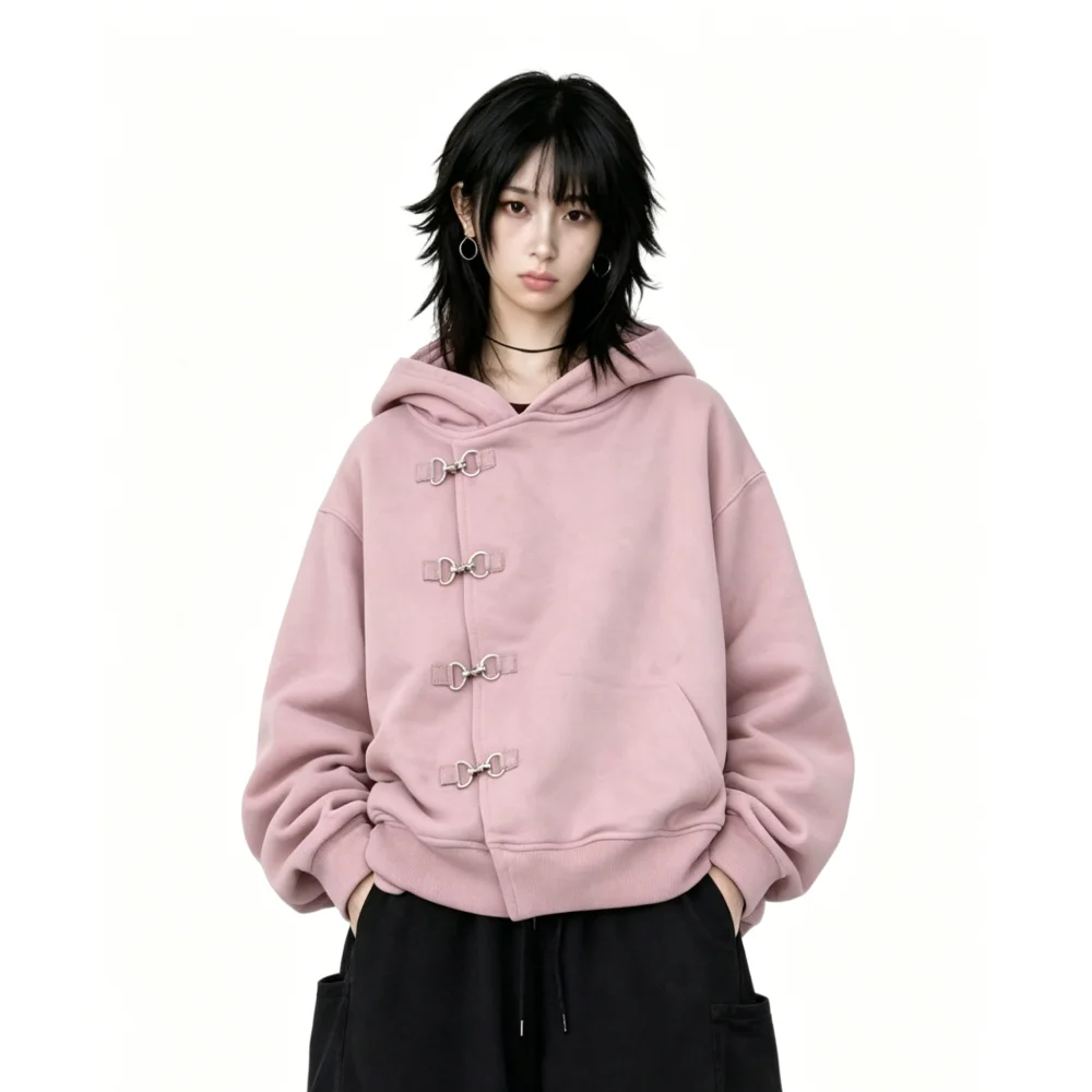 

Pink metal buckle hooded sweatshirt, casual long sleeved hooded sweatshirt, streetwear style kangaroo pocket pullover top