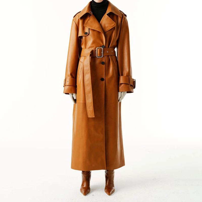 Sheepskin trench coat for women 2025 new spring and autumn long length loose fit Stylish women’s outerwear